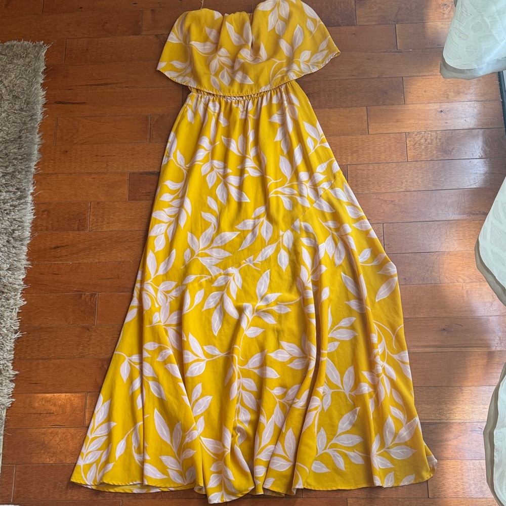 Yellow Strapless Maxi Dress with Leaf Print